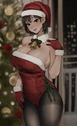  bad_id bad_twitter_id bare_shoulders bell black_pantyhose breasts brown_eyes brown_hair christmas christmas_tree cleavage collar commentary ear_piercing female fur_trim gloves gompang_11 hand_on_own_hip hand_on_own_shoulder hat highres indoors large_breasts leotard looking_at_viewer mole mole_under_mouth neck_bell original pantyhose piercing red_gloves red_hat red_leotard santa_costume santa_hat santa_leotard seductive_smile smile solo symbol-only_commentary thighband_pantyhose thighs 