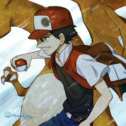  1boy baseball_cap belt_buckle black_hair black_shirt blue_pants buckle charizard closed_mouth commentary_request from_side frozen_snot hat holding holding_poke_ball jacket kanimaru male_focus open_clothes open_jacket pants poke_ball poke_ball_(basic) pokemon pokemon_(creature) pokemon_gsc red_(pokemon) red_headwear red_jacket shirt short_hair short_sleeves snot snowing split_mouth 