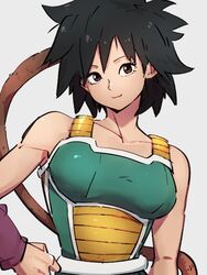  black_hair brown_eyes closed_mouth collarbone commentary_request dragon_ball dragon_ball_super dragon_ball_super_broly female gine grey_background hand_on_own_hip kemachiku looking_at_viewer monkey_tail short_hair simple_background smile solo tail 