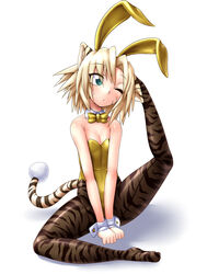  animal_ear_fluff animal_ears animal_print aqua_eyes bare_shoulders blonde_hair bow bowtie breasts brown_pantyhose byakko_(nijiura_maids) cleavage closed_mouth collarbone detached_collar eyes_visible_through_hair facial_mark fake_animal_ears female flexible frown full_body futaba_channel hair_intakes highleg highleg_leotard kuma_(kumahoihoi) leg_up leotard nijiura_maids one_eye_closed pantyhose playboy_bunny print_pantyhose rabbit_ears scratching_head shadow short_hair simple_background sitting slit_pupils small_breasts solo strapless strapless_leotard striped_tail tail tiger_ears tiger_girl tiger_print tiger_tail v_arms whisker_markings white_background wrist_cuffs yellow_bow yellow_bowtie yellow_leotard 