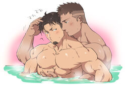  2boys ? bara black_hair blush brown_hair closed_mouth couple dark-skinned_male dark_skin eye_contact facial_hair goatee hand_on_another&#039;s_head hug hug_from_behind interracial irie_kazumichi large_pectorals looking_at_another male_focus multiple_boys muscular muscular_male nipples nude o3o oishi_(psycho-pass) partially_submerged pectorals psycho-pass puckered_lips short_hair simple_background sugo6969 translated water wet wet_hair yaoi 