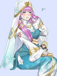  blood blood_from_mouth blue_dress blue_eyes bruise bruise_on_face character_doll closed_mouth commentary_request dress female fire_emblem fire_emblem_heroes flower fur-trimmed_sleeves fur_trim grey_background gunnthra_(fire_emblem) hair_ribbon hand_in_own_hair highres injury invisible_chair kiran_(fire_emblem) long_dress long_hair long_sleeves mai0124 nun photoshop_(medium) pink_hair ribbon rose simple_background sitting smile solo very_long_hair white_flower white_hood white_rose white_sleeves yellow_ribbon 