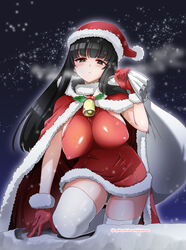  bell black_eyes black_hair blunt_bangs blush breasts cape christmas climbing closed_mouth commentary covered_nipples dress female frown fur-trimmed_cape fur-trimmed_dress fur-trimmed_gloves fur_trim girls_und_panzer gloves half-closed_eyes halter_dress halterneck hat holly impossible_clothes impossible_dress kneeling large_breasts long_hair looking_at_viewer mature_female microdress neck_bell night night_sky nishizumi_shiho outdoors red_cape red_dress red_gloves red_hat santa_costume santa_dress santa_gloves santa_hat sky snowing solo star_(sky) starry_sky straight_hair thighhighs twitter_username white_thighhighs yokoshima_takemaru 