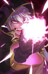  1boy black_coat brown_gloves coat commentary_request fangs fire_emblem fire_emblem_awakening gloves grey_hair grima_(fire_emblem) highres hood hood_up hooded_coat long_sleeves looking_at_viewer magic mai0124 male_focus photoshop_(medium) robin_(fire_emblem) solo wizard 