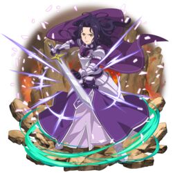  armor armored_boots armored_dress bad_id black_gloves boots breastplate cape dress energy fanatio_synthesis_two female floating_hair full_body gloves glowing ground_shatter heaven_piercing_sword highres holding holding_sword holding_weapon knight layered_dress long_dress long_hair looking_at_viewer magic official_art pauldrons purple_cape purple_dress purple_hair shoulder_armor solo standing sword sword_art_online sword_art_online:_alicization transparent_background weapon white_footwear 