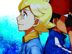  2boys baseball_cap black_gloves black_hair blonde_hair blue_eyes blue_jacket blue_jumpsuit clemont_(pokemon) closed_mouth commentary_request fingerless_gloves glasses gloves hat jacket jumpsuit kanimaru male_focus multiple_boys pokemon pokemon_(anime) pokemon_xy_(anime) red_headwear satoshi_(pokemon) short_hair short_sleeves smile upper_body 