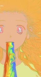  alternate_body_fluid bad_id bad_twitter_id female floating_hair green_shirt highres long_hair looking_at_viewer nima_(nimamann) orange_hair original pink_eyes portrait rainbow shirt solo surreal 