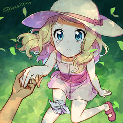  1boy aged_down bandaged_knees blonde_hair blue_eyes closed_mouth commentary_request crying dress eyelashes female frown grass hat hat_ribbon kanimaru long_hair male_hand outdoors pink_dress pokemon pokemon_(anime) pokemon_xy_(anime) pov pov_hands ribbon serena_(pokemon) shoes sleeveless sleeveless_dress split_mouth tears yellow_headwear 