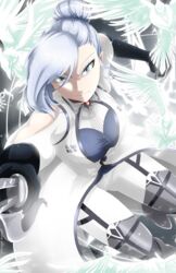  asymmetrical_bangs bird black_gloves blue_eyes blue_hair boots breasts dutch_angle female gloves grey_background highres looking_at_viewer medium_breasts rwby shaded_face solo sword thigh_boots thighhighs thighs weapon white_hair winter_schnee yaya_(y8ay8a) 