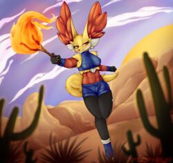  athletic big_ears bottomwear breasts cactus canid canine canyon clothing cloud delphox desert female fire flophelia fluffy fluffy_ears fluffy_tail fox generation_6_pokemon half-closed_eyes hi_res magic magic_user mammal medium_breasts midriff narrowed_eyes navel nintendo plant pokemon pokemon_(species) shorts sunset tail tight_bottomwear tight_clothing tight_shorts 