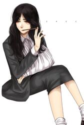  bandaged_arm bandages black_hair breasts closed_mouth female grey_eyes hoshi_san_3 long_hair long_sleeves shirt simple_background sitting skirt solo spec touma_saya white_background white_shirt 