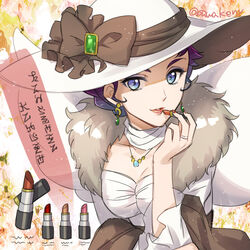  alternate_costume applying_makeup blue_eyes breasts brown_ribbon choker cleavage collarbone commentary_request cosmetics diantha_(pokemon) earrings eyelashes eyeshadow female hand_up hat holding jewelry kanimaru lipstick lipstick_tube makeup nail_polish necklace pokemon pokemon_(anime) pokemon_xy_(anime) purple_hair red_nails ribbon ring short_hair solo upper_body white_choker white_hat 