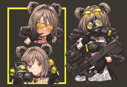  adjusting_mask between_breasts black_gloves black_jacket blush border breasts bullpup choker collarbone commentary_request covered_mouth cropped_torso double_bun eyewear_on_head female gas_mask girls&#039;_frontline gloves gun hair_between_eyes hair_bun hair_intakes highres holding holding_gun holding_mask holding_removed_eyewear holding_weapon hood hood_down ivan_wang jacket jewelry looking_at_viewer mask medium_breasts multiple_views open_clothes open_jacket p90 p90_(girls&#039;_frontline) partially_fingerless_gloves pendant photoshop_(medium) red_eyes simple_background smile submachine_gun sunglasses trigger_discipline unworn_eyewear unworn_mask upper_body weapon yellow_border 