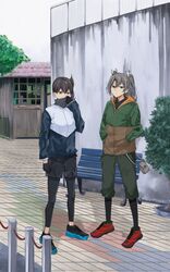  2girls alternate_costume bench black_gloves black_leggings black_pants black_shorts brown_eyes brown_hair commentary_request fingerless_gloves full_body gloves green_pants grey_hair hair_between_eyes hands_in_pockets highres house jacket kaga_(kancolle) kantai_collection leggings long_hair long_sleeves looking_at_viewer multicolored_clothes multicolored_jacket multiple_girls outdoors pants pants_under_shorts railing samonasu17 shorts side_ponytail standing twintails two-tone_jacket zuikaku_(kancolle) 