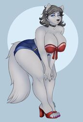  anthro bent_over big_breasts breasts canid canine canis catsmeow cleavage clothed clothing female footwear fur grey_body grey_fur hair hi_res high_heels mammal mature_female shoes short_hair simple_background solo thick_thighs wide_hips wolf 