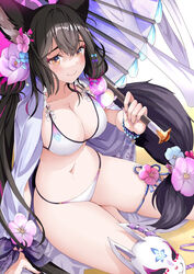  animal_ear_fluff animal_ears ayase_tamaki beach_umbrella bead_bracelet beads bikini black_hair blue_archive blunt_ends bracelet breasts cleavage female flower fox_ears fox_mask fox_tail hair_flower hair_ornament highres jewelry long_hair low-tied_long_hair mask navel official_alternate_costume parasol string_bikini swimsuit tail tail_flower tail_ornament thigh_strap umbrella wakamo_(blue_archive) wakamo_(swimsuit)_(blue_archive) white_bikini 