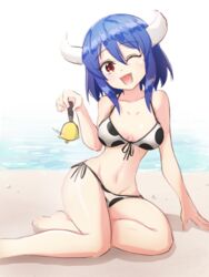  ;d animal_print arm_support bad_id bad_pixiv_id barefoot beach bell bell_ringing bikini blue_hair blush breasts breasts_apart collarbone cow_girl cow_horns cow_print cow_print_bikini day female foot_out_of_frame front-tie_bikini_top front-tie_top groin head_tilt highres holding holding_bell horns jashin-chan_dropkick large_breasts looking_at_viewer minos_(jashin-chan_dropkick) navel oerba_yun_fang one_eye_closed open_mouth outdoors print_bikini red_eyes shino_(yaruki_nai_yatsu) short_hair side-tie_bikini_bottom sitting smile solo swimsuit water yokozuwari 