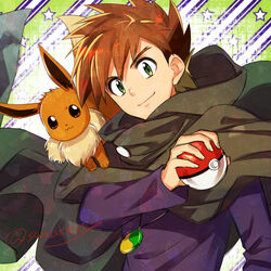  1boy brown_hair cloak closed_mouth commentary_request eevee gary_oak green_eyes holding holding_poke_ball kanimaru long_sleeves looking_at_viewer male_focus poke_ball poke_ball_(basic) pokemon pokemon_(anime) pokemon_(classic_anime) pokemon_(creature) purple_shirt shirt short_hair smile spiked_hair star_(symbol) 