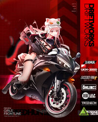  animal_hat black_footwear black_gloves black_jacket black_leotard blowing_bubbles boots breasts character_name chewing_gum cleavage cross-laced_footwear dsmile earrings female fishnet_thighhighs fishnets floating_hair full_body girls&#039;_frontline gloves gun hat heart heart_earrings high_heel_boots high_heels highres holding holding_gun holding_weapon jacket jewelry knee_boots lace-up_boots large_breasts leotard long_hair long_sleeves looking_away motor_vehicle motorcycle multiple_straps official_alternate_costume official_art open_clothes open_jacket pink_hair promotional_art red_eyes riding shrug_(clothing) sidelocks solo thigh_strap thighhighs ukm-2000 ukm-2000_(breakneck_whirlwind)_(girls&#039;_frontline) ukm-2000_(girls&#039;_frontline) weapon wheel wind zipper_leotard 