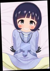  arm_support atg_(wttoo0202) bed_sheet black_gloves black_hair blunt_bangs blush blush_stickers cardigan commentary_request dress eyelashes female from_above gloves grey_cardigan grey_dress grey_eyes grin highres jewelry long_sleeves looking_at_viewer necklace pantyhose pokemon pokemon_sv poppy_(pokemon) short_hair smile solo spread_legs teeth yellow_pantyhose 