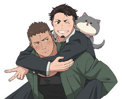  &gt;_o 2boys animal animal_on_shoulder bara black_hair black_jacket black_pants black_shirt blush brown_eyes brown_hair canine carrying carrying_person closed_mouth couple dark-skinned_male dark_skin earrings facial_hair goatee green_jacket interracial irie_kazumichi jacket jewelry large_pectorals looking_at_another male_focus multiple_boys muscular muscular_male oishi_(psycho-pass) one_eye_closed open_clothes open_jacket pants pectorals piggyback psycho-pass shirt short_hair single_earring smile sugo6969 teeth undercut v yaoi 