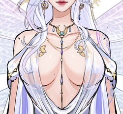  bare_shoulders breast_focus breasts commentary english_commentary female indie_virtual_youtuber jewelry large_breasts long_hair mole mole_on_breast mole_under_mouth necklace red_lips second-party_source solo thearchfae ultracat virtual_youtuber white_hair 