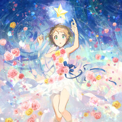  alternate_costume bare_arms blue_eyes blue_ribbon breasts commentary_request dress eyelashes female flower from_above hands_up kanimaru looking_at_viewer lying on_back parted_lips petals pink_flower pokemon pokemon_(anime) pokemon_xy_(anime) ribbon ripples serena_(pokemon) short_hair signature sleeveless sleeveless_dress solo twitter_username white_dress yellow_flower 