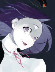  :d bad_id bad_pixiv_id breasts duplicate female halo kantai_collection large_breasts limited_palette looking_at_viewer neck_ribbon open_mouth pink_lips pixel-perfect_duplicate purple_eyes purple_hair red_pupils red_ribbon ribbon shirt short_hair smile solo solopipb tatsuta_(kancolle) turtleneck white_shirt 