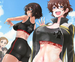  4girls :&lt; akaboshi_koume ass bike_shorts black_jacket black_shorts black_sports_bra blue_eyes blue_sky breasts brown_hair clothes_writing cloud cloudy_sky commentary day emblem english_text from_behind german_text girls_und_panzer grin half-closed_eyes hida_ema highres interlocked_fingers itsumi_erika&#039;s_loader jacket kojima_emi kuromorimine_(emblem) long_hair looking_at_viewer looking_back midriff multiple_girls nabeyu navel open_clothes open_jacket open_mouth outdoors own_hands_together ponytail short_hair shorts single_vertical_stripe sky smile solid_oval_eyes sports_bra sportswear standing stretching sweat sweatdrop tan tanlines track_jacket very_long_hair waving wavy_hair 