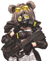  adjusting_mask between_breasts black_gloves black_jacket breasts bullpup choker collarbone commentary_request covered_mouth double_bun eyewear_on_head female gas_mask girls&#039;_frontline gloves gun hair_between_eyes hair_bun hair_intakes highres holding holding_gun holding_weapon hood hood_down ivan_wang jacket jewelry looking_at_viewer mask medium_breasts open_clothes open_jacket p90 p90_(girls&#039;_frontline) partially_fingerless_gloves pendant red_eyes simple_background solo submachine_gun sunglasses trigger_discipline upper_body weapon white_background 