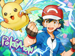  1boy :d baseball_cap black_shirt blue_jacket brown_eyes clenched_hands commentary_request copyright_name fingerless_gloves gloves green_hair hair_between_eyes hat jacket kanimaru male_focus open_mouth pikachu pokemon pokemon_(anime) pokemon_(creature) pokemon_xy_(anime) red_headwear satoshi_(pokemon) shirt short_hair smile spiked_hair 