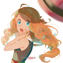  blonde_hair blue_eyes blurry blush commentary_request female floating_hair hand_up hat high-waist_skirt kanimaru long_hair looking_at_viewer open_mouth pink_hat pokemon pokemon_(anime) pokemon_xy_(anime) red_skirt serena_(pokemon) shirt signature skirt sleeveless sleeveless_shirt solo sweatdrop tongue twitter_username unworn_hat unworn_headwear white_background 