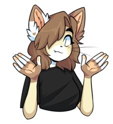  alpha_channel anthro black_clothing black_shirt black_topwear brown_body brown_fur brown_hair clothing domestic_cat fangs felid feline felis female foxsnacks fur hair heart_(marking) mammal markings palms shirt smile solo teeth topwear white_body white_fur yellow_body yellow_fur 