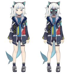  absurdres alternate_costume animal_ear_headphones animal_ears blue_eyes blue_hair blush cat_ear_headphones commentary english_commentary fake_animal_ears female fins fish_tail gawr_gura headphones highres hololive hololive_english hood jacket looking_at_viewer mask multicolored_hair multiple_views open_mouth radical_highway shark_girl shark_tail sharp_teeth smile streaked_hair tail teeth virtual_youtuber 