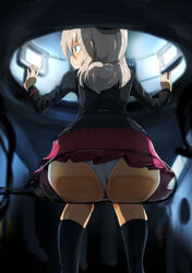  absurdres ass black_socks blue_eyes blush closed_mouth commentary_request female girls_und_panzer grey_hair highres invisible_chair itsumi_erika jinguu_(4839ms) kuromorimine_military_uniform long_hair looking_to_the_side military military_uniform miniskirt panties pleated_skirt red_skirt shiny_skin sitting skirt socks solo tank_interior underwear uniform white_panties 