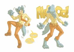  2019 animal_humanoid anthro awoo belt biped blue_pawpads blush bottomwear business_suit canid canid_humanoid canine canine_humanoid chest_tuft clothing dialogue digitigrade english_text footwear fur grey_body grey_fur howl hukeng humanoid male mammal mammal_humanoid mythological_canine mythological_creature mythology necktie on_one_leg one_eye_closed open_mouth pants pawpads shirt shoes simple_background solo standing suit text topwear transformation tuft were werecanid werecanine werewolf white_background wolf_humanoid 