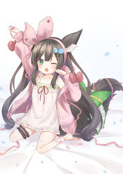  animal_ears arisu_iroyu arm_up bed black_hair blush chigusa_hana collarbone commentary female fox_ears fox_tail green_eyes hair_between_eyes hair_ornament headband highres indie_virtual_youtuber jacket kneeling long_hair one_eye_closed open_mouth ribbon simple_background solo tail tears virtual_youtuber white_background yawning 