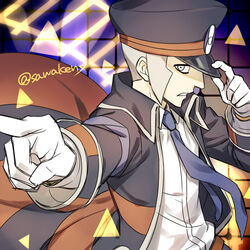  1boy belt black_coat black_hat brown_belt coat collared_shirt commentary_request frown gloves grey_hair hand_on_headwear hat ingo_(pokemon) kanimaru long_sleeves male_focus necktie open_clothes open_coat outstretched_arm parted_lips peaked_cap pointing pokemon pokemon_bw shirt short_hair sideburns solo upper_body white_gloves white_shirt 