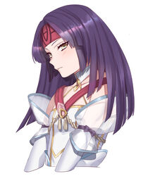  blush choker closed_mouth collarbone commentary_request cropped_torso detached_sleeves dress female fire_emblem fire_emblem:_radiant_dawn fire_emblem_heroes headband highres long_hair long_sleeves mai0124 photoshop_(medium) purple_hair red_headband sanaki_kirsch_altina sanaki_kirsch_altina_(bridal) simple_background solo upper_body wedding_dress white_background white_sleeves yellow_eyes 