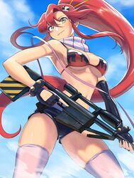  armpits bikini black_bikini blue_sky breasts cloud commentary_request denim denim_shorts female fingerless_gloves flame_print gloves gun gun_sling highres holding holding_gun holding_weapon long_hair looking_at_viewer medium_breasts navel no_shirt ponytail red_hair rifle rog_rockbe scarf short_shorts shorts sign sky sniper_rifle solo stomach swimsuit tengen_toppa_gurren_lagann thighhighs trigger_discipline upper_body very_long_hair warning_sign weapon white_thighhighs yellow_eyes yoko_littner 