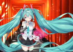  \m/ absurdly_long_hair ahoge aqua_eyes aqua_hair aqua_nails aqua_necktie arami_o_8 bare_shoulders black_skirt black_sleeves black_thighhighs blush closed_mouth commentary cowboy_shot dappled_sunlight detached_sleeves female finger_to_mouth fox_mask hair_ornament hatsune_miku hatsune_miku_(vocaloid4) headphones headset heart heart_ahoge index_finger_raised long_hair looking_at_viewer mask multiple_torii nail_polish necktie one_eye_closed pinky_out shirt shoulder_tattoo skirt sleeveless sleeveless_shirt smile solo sparkle standing sunlight tattoo thighhighs torii twintails very_long_hair vocaloid white_shirt 