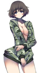  absurdres akiyama_yukari blush breasts brown_eyes brown_hair closed_mouth commentary cowboy_shot drawstring female frown girls_und_panzer green_hoodie hand_on_own_arm highres hood hood_down hoodie hoodie_tug long_sleeves looking_at_viewer medium_breasts messy_hair no_bra no_pants partially_unzipped sattinittas short_hair simple_background solo standing white_background 