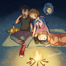  2boys 2girls black_hair blanket blue_ribbon bonnie_(pokemon) campfire clemont_(pokemon) closed_eyes closed_mouth collarbone commentary_request cup drinking eyelashes grey_pants holding holding_cup kanimaru multiple_boys multiple_girls neck_ribbon night outdoors pants pikachu pokemon pokemon_(anime) pokemon_(creature) pokemon_xy_(anime) ribbon satoshi_(pokemon) serena_(pokemon) shirt shoes short_hair short_sleeves sitting sleeping spoken_character t-shirt thighhighs 