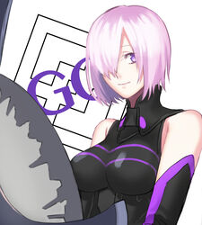  black_gloves closed_mouth commentary_request copyright_name elbow_gloves fate/grand_order fate_(series) female gloves highres looking_at_viewer lord_camelot_(fate) mai0124 mash_kyrielight pink_hair purple_eyes shield short_hair smile solo upper_body white_background 