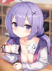  2drr :o absurdres ahoge azur_lane black_scrunchie blush breasts cellphone cleavage collarbone commentary female hair_between_eyes hair_ornament hair_scrunchie has_bad_revision has_downscaled_revision highres holding holding_phone long_hair long_sleeves looking_at_viewer low_twintails md5_mismatch medium_breasts official_alternate_costume parted_lips phone purple_eyes purple_hair resolution_mismatch school_uniform scrunchie solo source_smaller translated twintails unicorn_(azur_lane) unicorn_(long-awaited_date)_(azur_lane) x_hair_ornament 