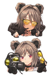  absurdres black_gloves blush choker collarbone commentary_request cropped_torso double_bun female gas_mask girls&#039;_frontline gloves hair_bun hair_intakes highres holding holding_mask holding_removed_eyewear hood hood_down ivan_wang jewelry looking_at_viewer mask multiple_views p90_(girls&#039;_frontline) partially_fingerless_gloves pendant photoshop_(medium) red_eyes simple_background smile sunglasses unworn_eyewear unworn_mask white_background 