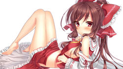  ascot bad_id bad_pixiv_id bare_legs barefoot blush bow breasts brown_hair clothes_pull detached_sleeves female hair_tubes hairbow hakurei_reimu long_hair long_sleeves lying medium_breasts midriff navel no_bra no_panties on_back open_clothes open_skirt ponytail purple_eyes red_bow shirt shirt_pull sideboob simple_background skirt solo touhou umeko_(koori_ume) very_long_hair white_background wide_sleeves 