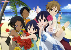  2boys 3girls :d ^_^ absurdres animedia aqua_dress beach bird black_hair blue_eyes brown_eyes brown_hair choi_mochimazzui closed_eyes dark_skin day dera_mochimazzui dress floral_print flower hair_flower hair_ornament highres kitashirakawa_anko kitashirakawa_tamako metcha_mochimazzui mole mole_on_neck multiple_boys multiple_girls official_art ooji_mochizou open_mouth palm_tree petals petite purple_eyes scan smile tamako_market tree v yamada_naoko 