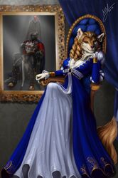  anthro biped breasts canid canine chair clothed clothing female fur furniture hair hi_res looking_at_viewer mammal sitting smile solo thescarletartist throne 