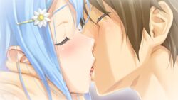  1boy bishoujo_mangekyou:_wasurenagusa_to_eien_no_shoujo bishoujo_mangekyou_(series) blue_hair blush brown_hair closed_eyes female french_kiss game_cg hair_ornament hairclip happoubi_jin kanzaki_akihito kissing sawatari_shizuku straight tears 